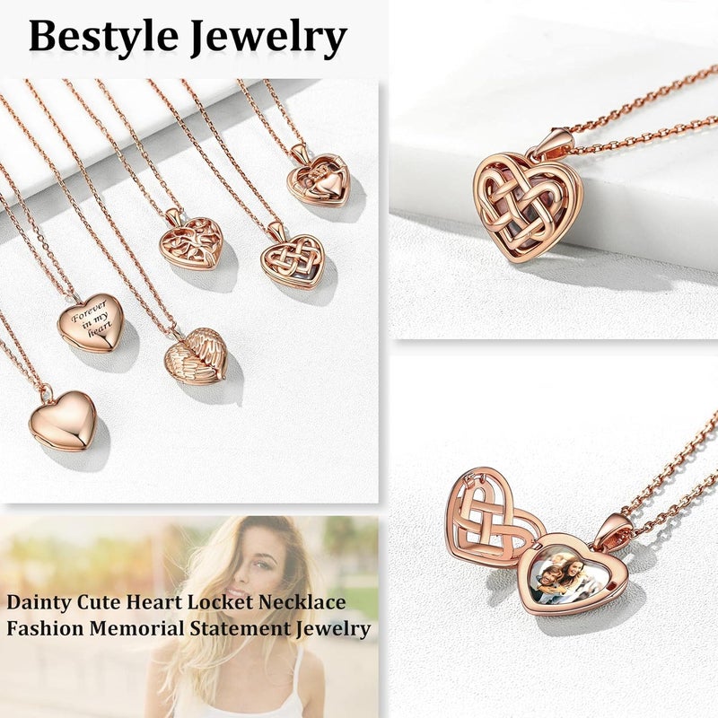 Bestyle Sterling Silver Heart Locket Necklace for Women, Dainty Cute Small Heart Locket Pendant in Gold/Rose Gold/Silver, Love Statement Jewelry Gift for Mother Wife - Image 3